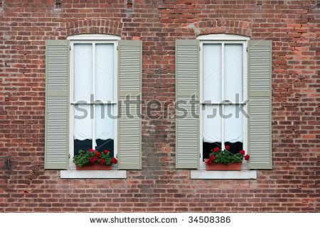 Grey Shutters Brick House, Best Shutter Colors, Shutters Brick House, House Shutter Colors, Gray Shutters, Brown Brick Exterior, Exterior Shutter Colors, Windows With Shutters, Shutter Paint Colors