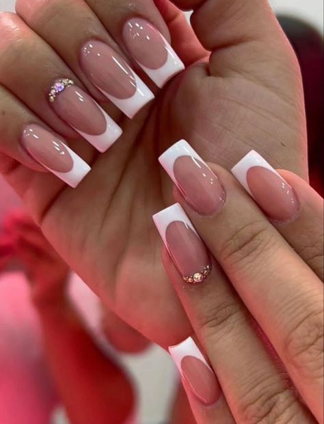 Square Sparkle French Tip, Simple But Effective Nails, White French Nails With Diamonds, French Nails Diamonds, French Tip Acrylic Nails With Gems, Nails For France, French Nails With Stones, French Tips With Diamonds, French Nails With Diamonds