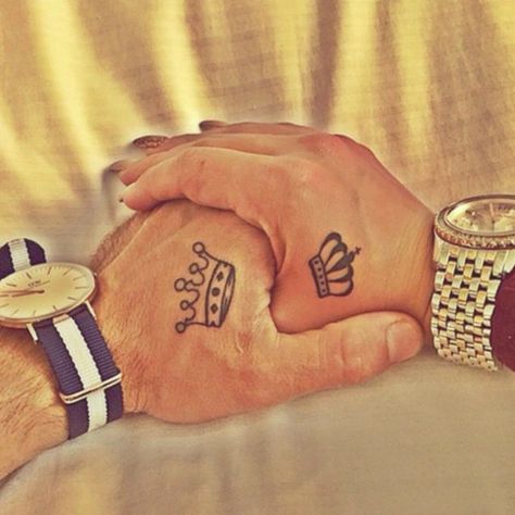 “Tag someone you love!  #tattooinkspiration” Matching Love Tattoos, Small Inspirational Tattoos, King Queen Tattoo, Married Couple Tattoos, Small Colorful Tattoos, Partner Tattoos, Best Couple Tattoos, Couple Tattoos Unique, Elephant Tattoo Design