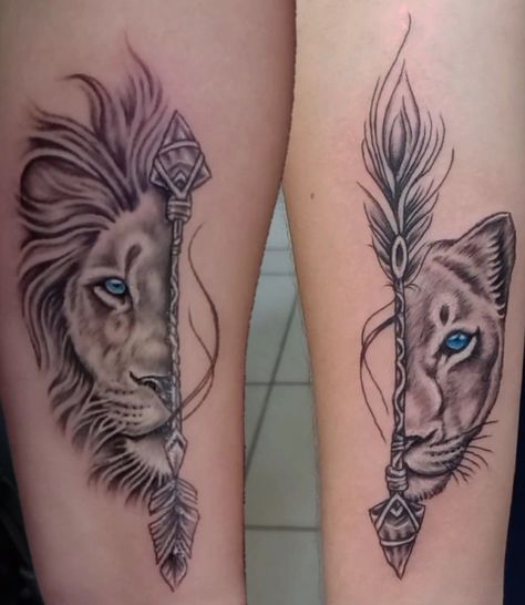 Couples Lion Tattoo, Leprechaun Tattoos, Arm Tattoos For Guys Forearm, Partner Tattoos, Lioness Tattoo, Uv Tattoo, Couple Tattoos Unique, Circle Tattoos, Mommy Tattoos