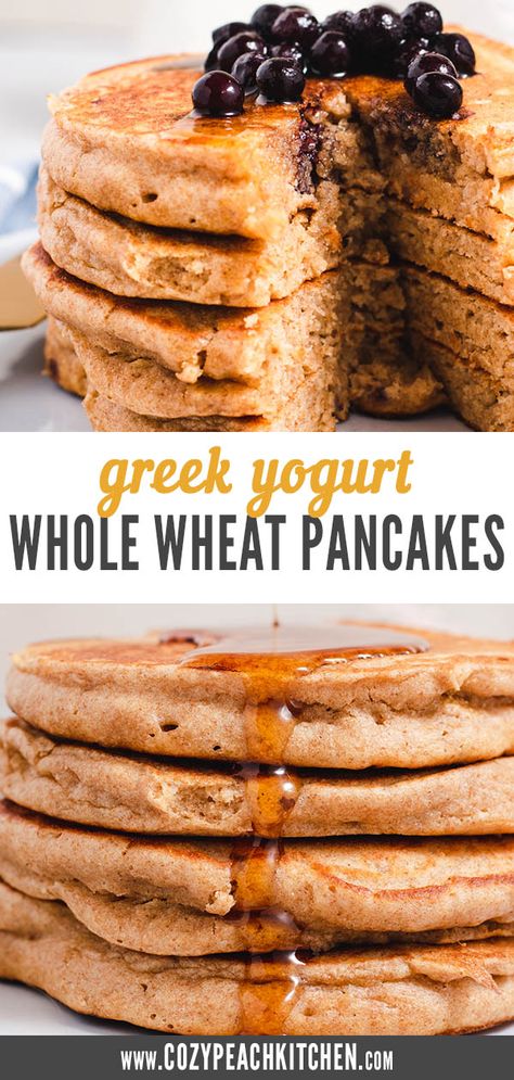 These 100% whole wheat pancakes are made extra light and fluffy with Greek yogurt! This is an easy breakfast option for any day of the week. #pancakes #breakfast #vegetarianrecipes #wholewheat Wheat Flour Pancakes, Sweet Potato Pancakes Vegan, Wheat Pancake Recipe, Easy Breakfast Options, Freeze Pancakes, Greek Yogurt Pancakes, Peach Kitchen, Whole Wheat Pancakes, Yogurt Pancakes