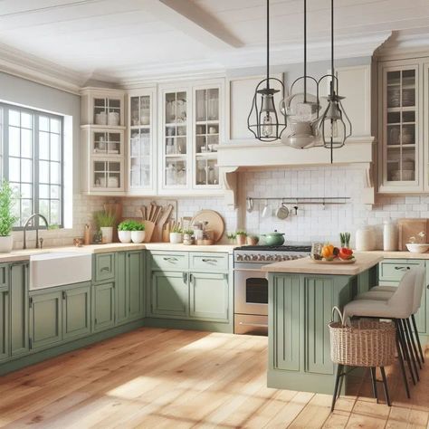 Pistachio green lower cabinets with cream upper cabinets in a sleek kitchen - Stylish Two-Tone Kitchen Cabinets Ideas [ November 2024 ] - BK Ciandre Green Lower Kitchen Cabinets, Green Lower Cabinets, Cream And Wood Kitchen, Kitchen Cabinets Wood, Kitchen Color Combos, Cream Colored Kitchen Cabinets, Two Toned Kitchen Cabinets, Painted Kitchen Cabinets, Green Kitchen Island