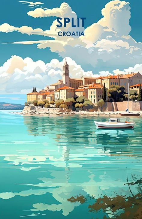 Croatia Illustration, Croatia Painting, Croatia Poster, Croatia Art, Wanderlust Decor, Retro Painting, Travel Poster Design, Australian Travel, Split Croatia