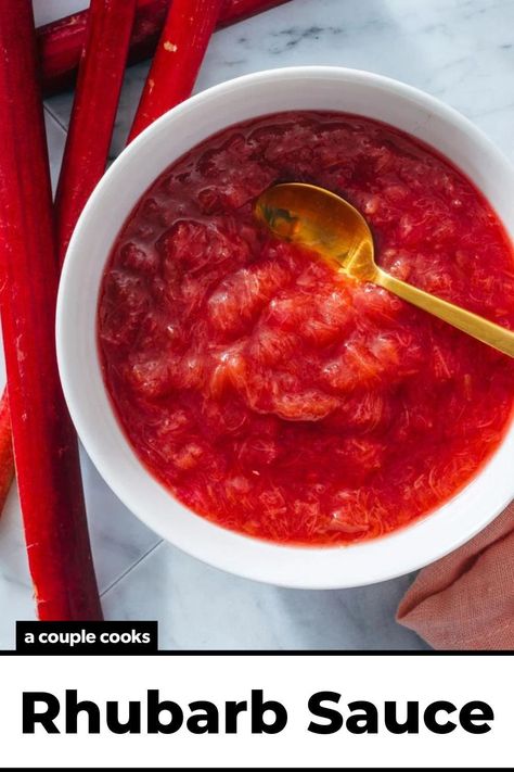 This rhubarb sauce recipe is simple and bursting with sweet tart flavor! Enjoy it over ice cream, oatmeal, pancakes, and more. Pop over to our site for the recipe! Fruit Ambrosia, Rhubarb Bread, Instant Dessert, Rhubarb Sauce, Vanilla Mug Cakes, A Couple Cooks, Strawberry Rhubarb Crisp, Rhubarb Desserts, Rhubarb Crisp