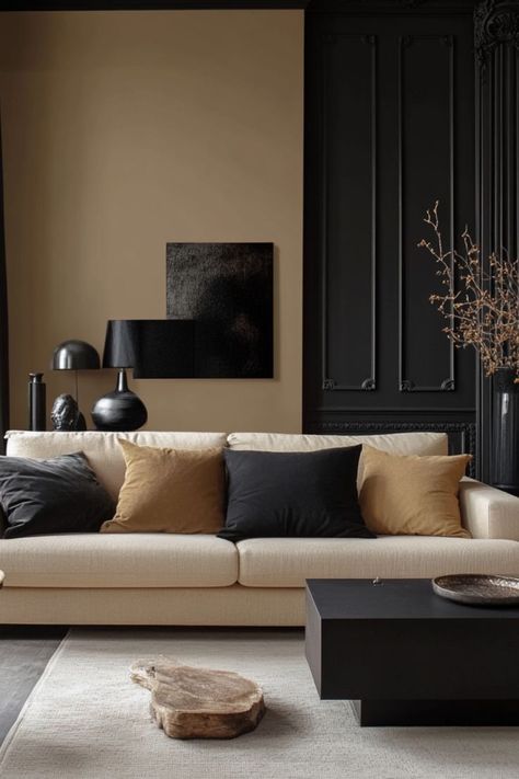 Try two-tone color schemes in your living room for contrast and depth. #TwoToneDecor #LivingRoomStyle #BoldInteriors Modern Contrast Living Room, Monochromatic Living Room Ideas, Two Toned Walls, Monochromatic Living Room, Monochromatic Interior Design, Two Tone Walls, Modern Color Schemes, Living Room Color Schemes, Room Color Schemes