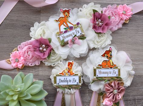 Bambi  Deer Baby Shower, Pink Bambi Mommy To Be Maternity Sash, Bambi Daddy To Be Corsage Pins, Pink Tan Gold Girl Beer, Custom Bambi Baby Shower Ideas Centerpieces, Bambi Themed Baby Shower Ideas, Bambi Baby Shower Ideas, April Baby Shower, Mommy To Be Pins, Bambi Baby, Baby Shower Party Themes, Pink Deer, Deer Baby Showers