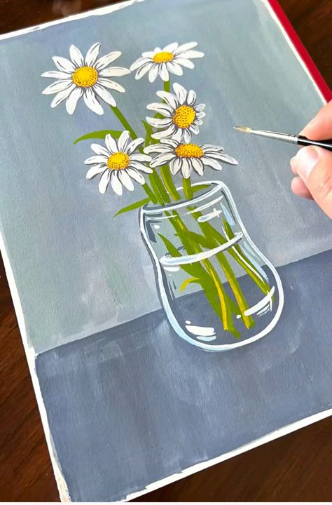 Daisies In A Vase, Beginners Painting, Painting Flowers Tutorial, Simple Canvas Paintings, Beautiful Art Paintings, Easy Canvas Art, Pink Painting, Soyut Sanat Tabloları, Canvas Painting Designs