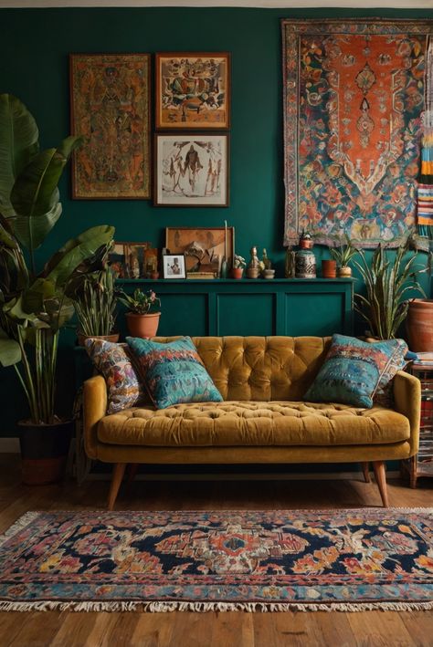 bohemian living room decor, rug decor, rug patterns, eclectic design style, bohemian decorating ideas, modern bohemian decor, interior design trends Vibrant Color Interior Design, Eclectic Colour Palette, Hippie Interior Design, Colourful Interior Design, Peach Living Rooms, Modern Eclectic Interior Design, Modern Eclectic Living Room, Modern Eclectic Interior, Forest Room