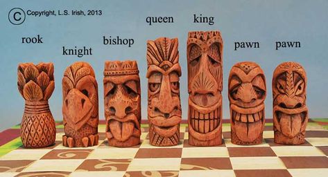 Tiki Chess Set, Beginner’s Wood Carving Project by Lora S. Irish | LSIrish.com Tiki Faces, Tiki Totem, Wood Carving For Beginners, Chess Boards, Wood Carving Ideas, Tiki Art, Tiki Tiki, Wood Spirit, Tanah Liat