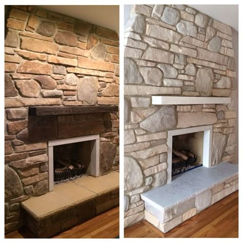 lighten your stone or brick fireplace Painted Rock Fireplaces, Whitewash Stone Fireplace, Painted Stone Fireplace, Stone Fireplace Makeover, Sandstone Fireplace, Fireplace Redo, Fireplace Update, Paint Fireplace, White Wash Brick