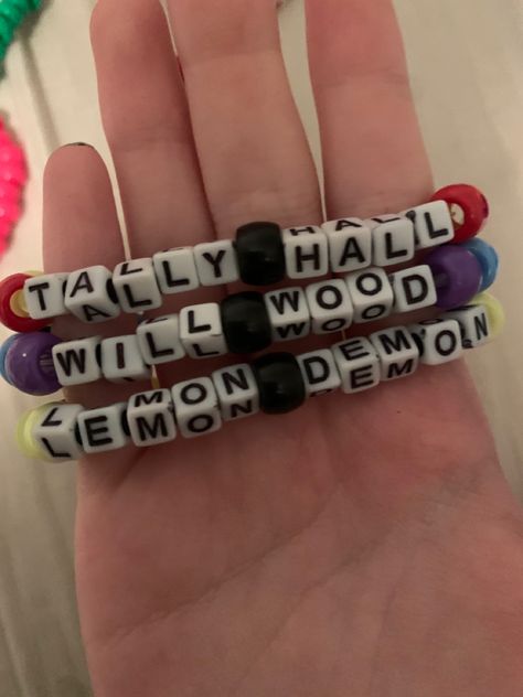 Trio Kandi Bracelets, Lemon Demon Bracelet, Tally Hall Bracelet, Kandi Ideas Singles, Funny Bracelets Beads Words, Funny Bracelets, Trio Bracelets, Kandi Singles, Kandi Inspo