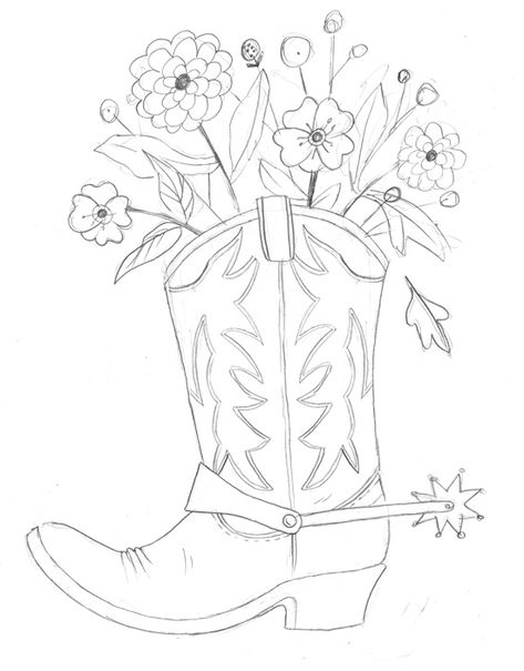 Cowboy boot with flowers Cowgirl Boots With Flowers Drawing, Cowboy Boot Sketch Simple, Flowers In Cowboy Boots Drawing, Cowboy Boot Outline Drawing, Cowboy Boot Acrylic Painting, Cowgirl Boots Drawing Easy, Single Line Cowboy Boot Tattoo, Easy Boot Drawing, Cowboy Boots With Flowers Painting