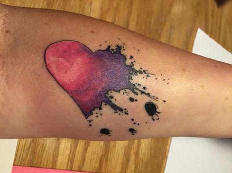 First tattoo! Exploding heart. Created by Dakota at Guru Tattoo in Pacific Beach, Ca #tattooheart #firsttattoo #watercolortattoo Ripped Heart Tattoo, Exploding Heart Tattoo, Explosion Tattoo, Heart Explosion, Watercolor Heart Tattoos, Guru Tattoo, Hd Tattoos, Heart Tat, Mama Tattoo