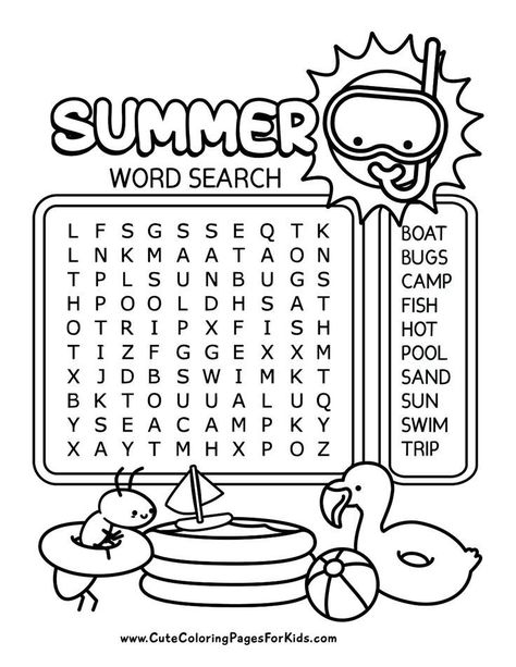 Halloween Word Search Printables, Summer Word Search, Summer Science Activities, Cute Coloring Pages For Kids, Summer Coloring Sheets, Word Search For Kids, Kids Word Search, Free Printable Word Searches, Camping Coloring Pages