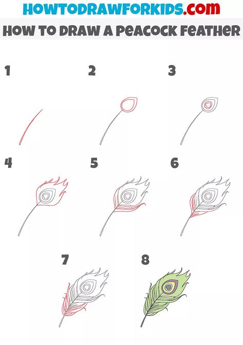 How to Draw a Peacock Feather - Easy Drawing Tutorial For Kids Peacock Drawing Feather, How To Draw Bird Feathers, How To Draw A Feather Step By Step Easy, Morpankh Drawing Easy, How To Draw A Peacock Feather, Easy Peacock Feather Drawing, Peacock Feather Doodle, Drawing Peacock Feathers, How To Paint Peacock Feathers