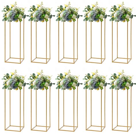 PRICES MAY VARY. 𝒫𝒶𝒸𝓀𝒶𝑔𝑒 𝒾𝓃𝒸𝓁𝓊𝒹𝒾𝓃𝑔 - Ten pieces of 32 inches height floor vase column stand, the width and deep are both 9.4 inches. Artificial flowers are not included. Assembly is required, each stand is assembled from 4 long rods and 8 short rods, connected by upgraded T-connectors, easy to insert to assembly, including a hammer for assembly and can be finished in short minutes. 𝒮𝓉𝓎𝓁𝒾𝓈𝒽 𝒶𝓅𝓅𝑒𝒶𝓇𝒶𝓃𝒸𝑒 - Add a tall column stand to your centerpieces and floral arran Wedding Flower Vase, Gold Wedding Flowers, Geometric Centerpiece, Metal Columns, Tall Wedding Centerpieces, Venue Decorations, Tall Flowers, Flower Stand, Wedding Flower Decorations