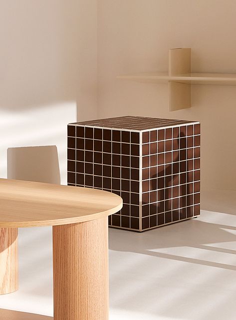 Retro tiled cubic side table | Pied Carré | | Simons Glossy Tiles, Geometric Side Table, Cube Table, Square Ceramic, Wood Furniture Design, Men Home Decor, Rattan Coffee Table, Bathroom Outdoor, Basement Decor