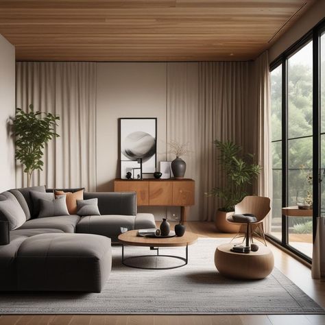 Japandi With Dark Wood, Japandi Dark Wood, Modern Japandi Living Room, Elegant Japandi, Cozy Japandi, Wooden Media Unit, Coffee Table Simple, Japandi Living Room, Japandi Living