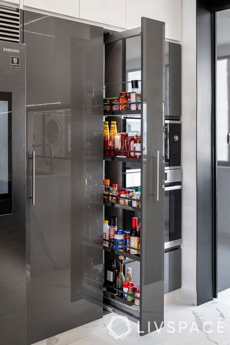 Tall Pull Out Kitchen Cabinets, Masala Pullout Kitchen, Kitchen Tool Unit, Kitchen Tall Cabinet Ideas Modern, Bottle Pull Out, Modular Kitchen Trolley Design, Modular Kitchen Cabinets Drawers, Kitchen Tall Cabinet Ideas, Tall Cabinet Storage Kitchen