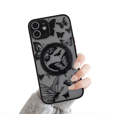 PRICES MAY VARY. ✔【Compatible with】Specially Designed ONLY for iPhone 12/12 Pro 6.1 Inch. Support Wireless Charging. ✔【Material characteristics】 The back panel is made of matte, non-smooth PC material. Anti slip and sturdy. ❤【Exterior design】Beautiful and practical. The cold black butterfly print will make your phone look cute and distinctive, without affecting wireless charging ✔【Operation】With a stylish contrasting color design, it feels sensitive when pressed ,precise cutouts and easy access Phone Cases For Black Iphone, Aesthetic Phone Case For Black Iphone, Iphone 12 Cases For Black Phone, Butterfly Phone Case Aesthetic, Cute Phone Cases Butterfly, Phone Cover Butterfly, Black Wallpaper Iphone Dark, Trendy Phone Cases, Collage Phone Case