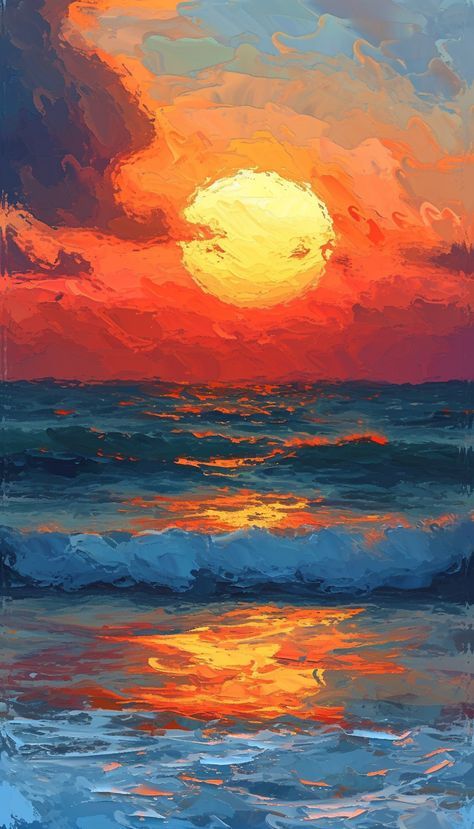 Ocean Wave Oil Painting, Impressionism Art Sunset, Sunset Waves Painting, Impressionism Art Landscape, Impressionist Sunset, Classical Art Paintings, Sunset Ocean Painting, Ocean Sunset Painting, Friendly Dragon