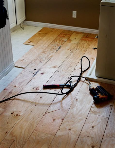 DIY Plywood floor. Inexpensive paintable floor. A pinner said "Did this in our house...we just put the sheets of plywood down and routed out grooves...then some stain and poly...its been ten years and still looks great and we love it..." Plywood Floor, Floor Stain, Flooring Ideas, Bath Room, Wood Planks, Ikea Hack, My New Room, On The Floor, Home Is Where