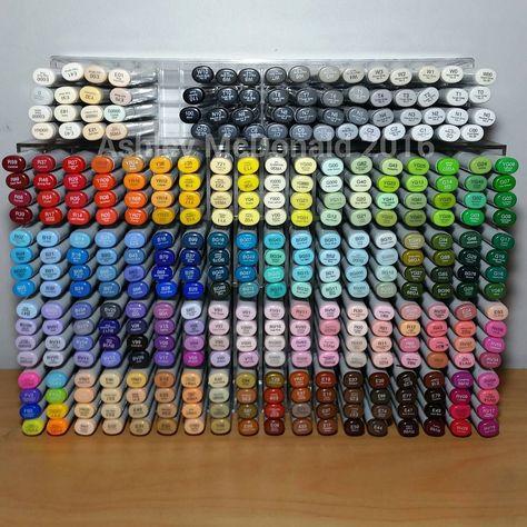 My Copic Marker collection - with a new stand! Really pleasing to the eye, I must say!😊 - I have all 358 colors of the 'Sketch' variety of… Marker Collection, Art Supplies List, Craft Shed, Pastel Home Decor, Art Supplies Storage, Marker Storage, Organize Craft Supplies, Craft Room Design, Copic Marker