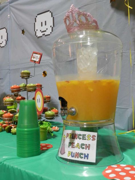 Rachel's Super Mario Birthday  | CatchMyParty.com Mario Party Drinks, Mario Birthday Food, Brothers Birthday Party Ideas, Mario Brothers Birthday Party Ideas, Yoshi Party, Super Mario Brothers Birthday Party, Nintendo Birthday, Mario Brothers Party, Super Mario Brothers Party