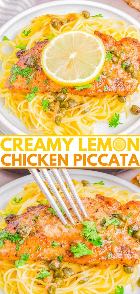 Chicken With Angel Hair Pasta, Creamy Lemon Chicken Piccata, Lemon Piccata, Piccata Chicken, Easy Lemon Chicken, Easy Italian Dinner, Creamy Lemon Sauce, Lemon Chicken Piccata, Lemon Cream Sauces