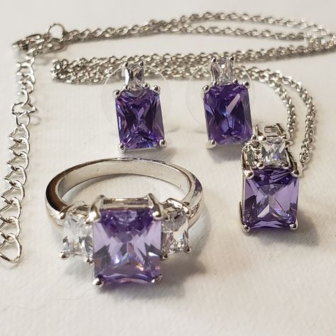 Amethyst Type Stone, Rectangle, With Silver Tone Setting And Clear Crystal Type Stone, Nwot Ring, Earrings, Necklace Ring Is Size 8 Necklace Is Adjustable In Length Earrings Are Pierced. Never Worn. No Original Packaging. Beautiful Detail Perfect Addition To Dress Up The Perfect Outfit. Bundle And Save. Quick Shipping. Thanks For Stopping By. If You See Something You Like In My Closet Please Make An Offer. See My Closet For Other Jewelry Listings To Add To Your Collection. Have A Great Day. #Chr Santa Basket, Earth Fashion, Accessories Pearl, Necklace Ring, Have A Great Day, Earring Necklace, Clear Crystal, Ring Necklace, Shop Necklaces