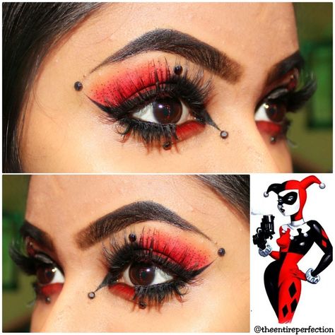 Og Harley Quinn Makeup, Makeup Harley Quinn Red And Black, Queen Of Heart Makeup Ideas, Harley Quinn Comic Makeup, Harley Quin Make Up, Old Harley Quinn Makeup, Original Harley Quinn Makeup, Simple Harley Quinn Makeup, Harley Quinn Makeup Ideas Red Black