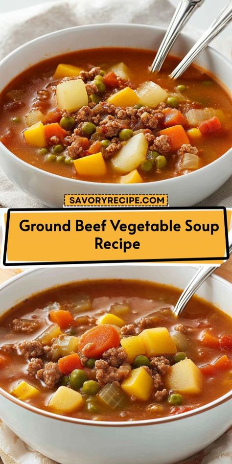 Savor the rich flavors of our Ground Beef Vegetable Soup Recipe! This comforting bowl combines ground beef with fresh veggies for a satisfying and nutritious meal. Ideal for busy families, it's a fantastic choice from your Ground Beef Recipes. Enjoy a delicious and healthy dinner tonight! Ground Beef Vegetable Soup Recipe, Beef Soup Crockpot, Veg Beef Soup, Ground Beef Vegetable Soup, Beef Vegetable Soup Recipe, Beef Veggie Soup, Vegetable Soup Crock Pot, Beef Vegetable Soup, Homemade Vegetable Beef Soup