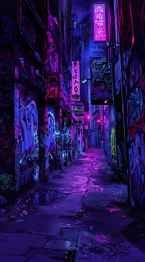 Cyberpunk Hideout Concept Art, Seer Light Wallpaper, City 3 Point Perspective, Cyberpunk Street Art, Vaporwave City Aesthetic, Cyberpunk Theme Wallpaper, Cyberpunk Dystopia Aesthetic, Cyberpunk Purple Aesthetic, Graffiti Wallpaper Backgrounds