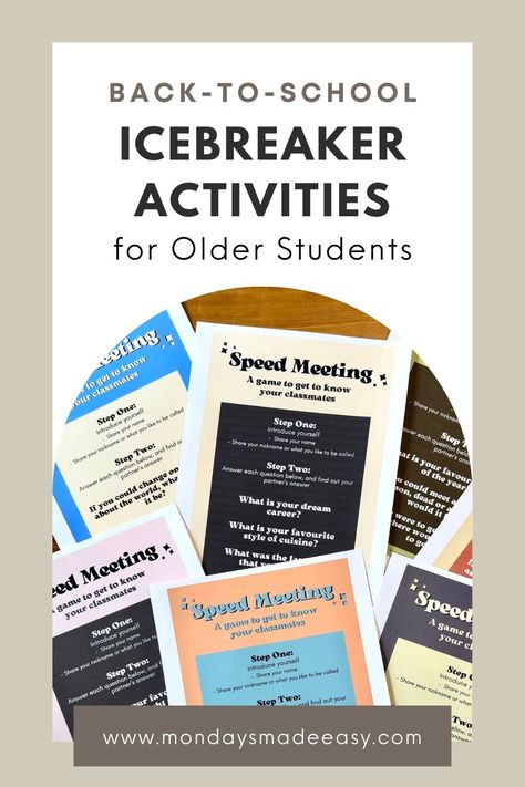 Looking for back-to-school icebreakers for high school students? Here is a list of 8 icebreaker games that older students love! These icebreaker activities are engaging and age-appropriate for teenagers in middle school and high school. They include question prompts, get-to-know-you activities, scavenger hunts, writing prompts, and icebreaker games like bingo. Your students will have fun with music, memes, critical thinking, and collaborative team-building activities. Check this list out! Icebreakers For Teens, Student Ice Breakers, High School Ice Breakers, High School First Day, Games For Teenagers, Classroom 2023, First Day Of High School, School Icebreakers, Icebreaker Games