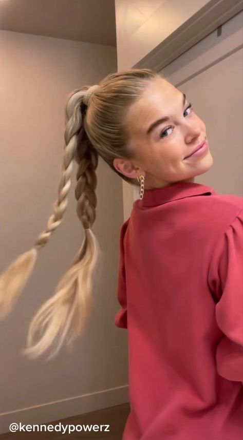 2 Braids In A Ponytail, High Pony Outfits, Multiple Braid Ponytail, Ponytail Two Braids, High Braid Ponytail, Ponytail With Two Braids, Two Braid Ponytail, Xc Hairstyles, Pony With Braid