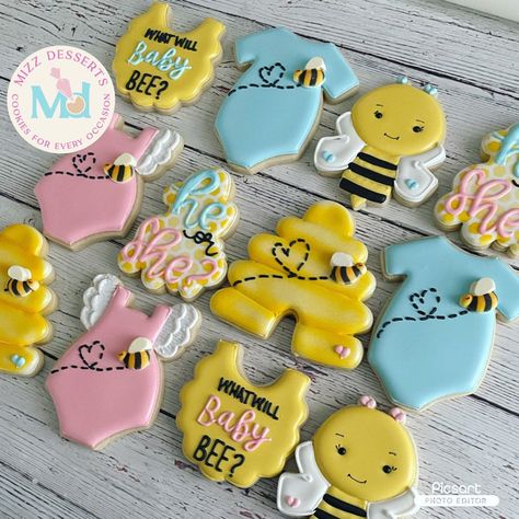 What Will It Bee Gender Reveal Pink And Blue, What Will It Bee Gender Reveal Cookies, What Will Baby Bee Cookies, What Will You Bee Gender Reveal, What Will It Bee Cookies, Bee Gender Reveal Cookies, Bee Sugar Cookies, Baby Bee Gender Reveal, Unique Gender Reveal Party Ideas