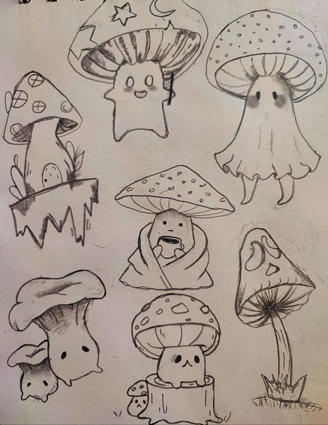 Mushroom Doodle Step By Step, Mushroom Simple Drawing, Mashrooms Drawing Indie Easy, Aesthetic Mushroom Drawing, Cool Mushroom Drawing, Doodle Bops, Drawn Mushrooms, Drawing Of Anime, Mushroom Sketch