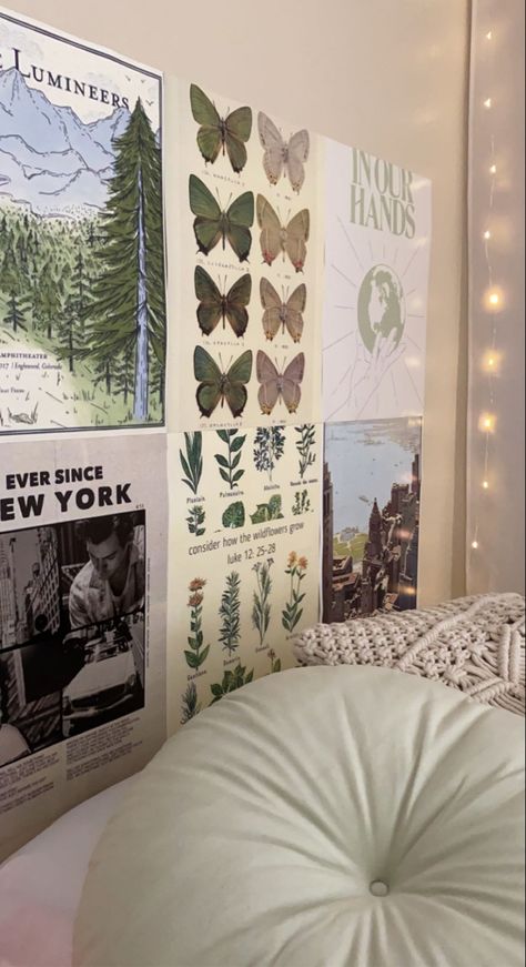 Green White Dorm Room, Cottage Core Collage Wall, Green And Pink Dorm Room Aesthetic, Green Dorm Room Ideas Minimalist, Dorm Green Aesthetic, Green College Dorm Aesthetic, Cottage Core Dorm Decor, Soft Green Room Aesthetic, Dorm Aesthetic Green