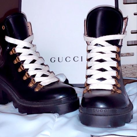 Gucci Ankle Boots, Size 38+, Black And White, With Unique Ice Skate Laces. Still In The Box, Worn Once, And Includes Dust Bags And Ankle Belts. Shoe Dictionary, Gucci Ankle Boots, Mid Heel Ankle Boots, Platform Boots Women, Gucci Boots, Black Suede Ankle Boots, Boot Shoes, Ice Skate, Black Heel Boots