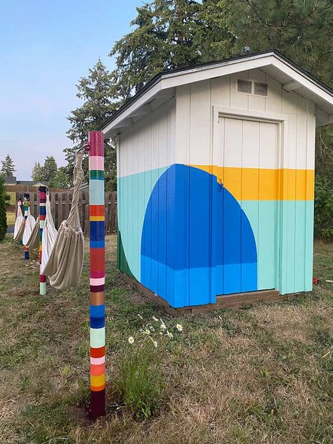 Banyan Bridges Mural, Painted Shed Mural, Shed Murals Outdoor, Color Block Mural, Shed Mural, Banyan Bridges, Garage Door Mural, Garden Styling, Painted Shed