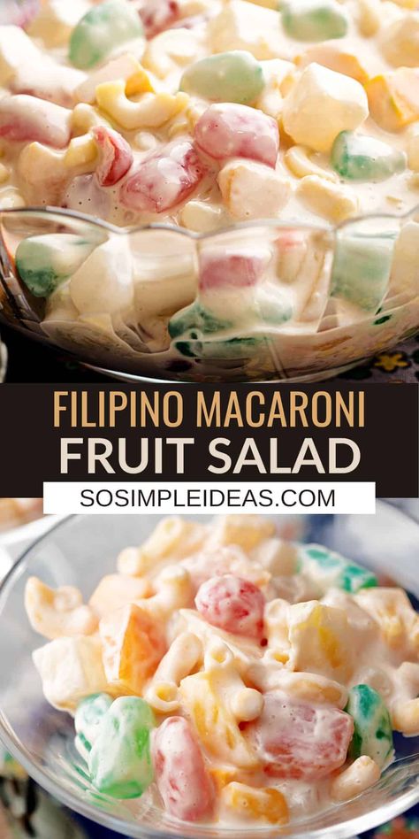 It might odd combination but macaroni fruit salad is a delicious treat. This Filipino dish is perfect for the holidays and special occasions. Pinoy Fruit Salad Recipe, Filipino Fruit Salad Condensed Milk, Macaroni Fruit Salad, Philippine Fruit Salad, Filipino Thanksgiving Recipes, Macaroni Fruit Salad Filipino, Macaroni Salad Recipe Filipino Style, Fruit Salad Filipino, Filipino Fruit Salad Recipe