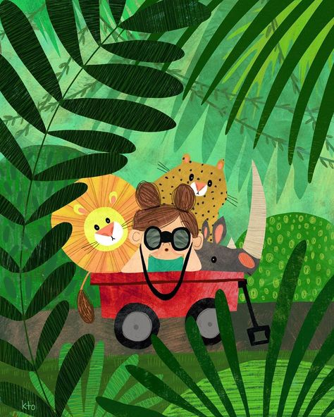 Wagon Illustration, Cute Animal Art, Child Illustration, Safari Art, Jungle Illustration, Animal Art Print, Plant Art Print, On Safari, Illustration Cute