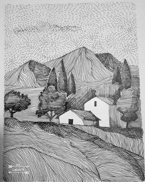 Line Hatching Art, Ink Illustrations Landscape, Woodcut Style Illustrations, Siluet Drawing, Pen Sketch Landscape, Line Art Building, Pen Scribble Art, Boho Sketches, Landscape Line Drawing