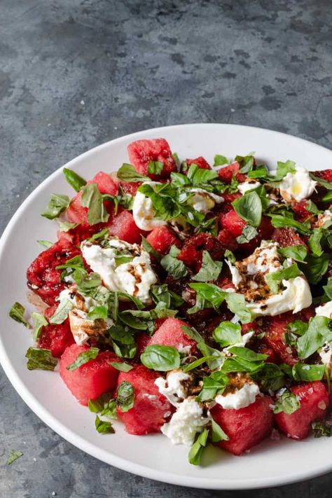 Watermelon Burrata Salad - Mandi of the Mountains Marinated Watermelon, Burrata Salad Recipe, Sweet Potato Souffle, Burrata Salad, Burrata Cheese, Sweet Watermelon, Watermelon Salad, Strawberry Salad, Summer Salad