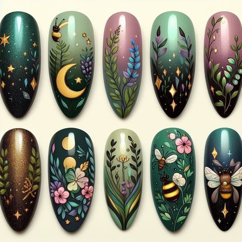 Witchy Spring Nails, Spring Witch Nails, Forest Nail Design, Stardew Nails, Cottage Core Nail Ideas, Shrek Nail Art, Faerie Nail Art, Ostara Nails, Forest Fairy Nails