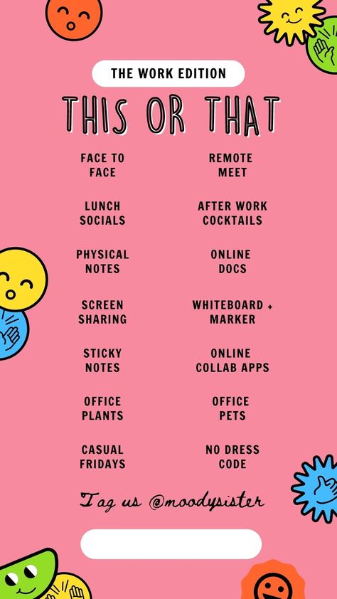 This or that? Tell your coworkers or followers in this fun pink this or that game - work edition. Perfect for your instagram story. . . #instagramstory #pinkinstagramstory #thisorthatgame #funinstagramgame This Or That Business Edition, This Or That Work Edition, Pink Instagram Story Template, Meeting Ice Breakers, This That, Pink Instagram Story, This Or That Game, Interactive Facebook Posts, Reel Ideas