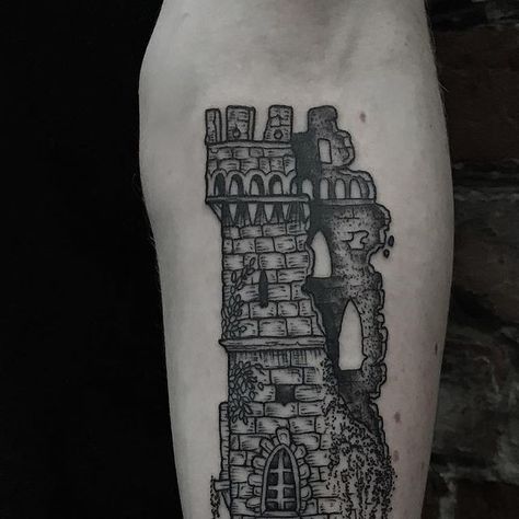 Medieval Tower Tattoo, Castle Ruins Tattoo, Medieval Castle Tattoo, Burning Castle Tattoo, Grimoire Tattoo, Ruins Tattoo, Tower Tattoo, Church Tattoo, Castle Tattoo