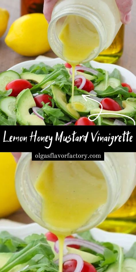 A bright and zesty lemon vinaigrette is perfect to use as a salad dressing or as a marinade. The dijon mustard adds flavor and zippiness and there’s a bit of sweetness from the honey. Lemon Vinegarette, Zesty Salad Dressing, Citrus Salad Dressing, Honey Mustard Marinade, Garlic Salad Dressing, Lemon Salad Dressings, Honey Mustard Salad Dressing, Mustard Salad Dressing, Lemon Vinaigrette Dressing