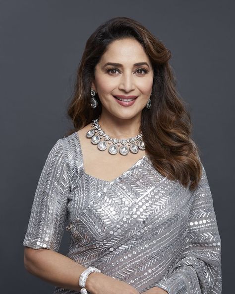 Madhuri Dixit on Instagram: “Back on set 🎥” Madhuri Dixit Saree, Sequence Saree, Grey Saree, Victorian Necklace, Madhuri Dixit, Kundan Necklaces, Party Wear Sarees, Indian Sarees, Bollywood Fashion