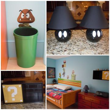 super mario bros bedroomLOVE  the lamp,idea! So simple but very creative. Mario And Luigi Bedroom Ideas, Nintendo Furniture, Games Room Ideas, Mario Bros Room, Mario Ideas, Mario Bedroom, Nintendo Room, Super Mario Room, Mario Room